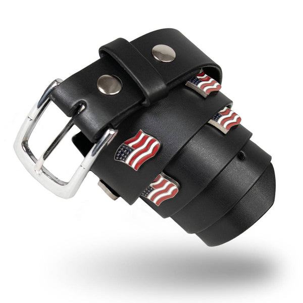 Milwaukee Leather Men's Freedom Line Black Leather Belt with USA Flag Emblems - 1.5 Inch - MP7140