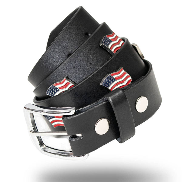 Milwaukee Leather Men's Freedom Line Black Leather Belt with USA Flag Emblems - 1.5 Inch - MP7140