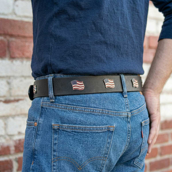 Milwaukee Leather Men's Freedom Line Black Leather Belt with USA Flag Emblems - 1.5 Inch - MP7140