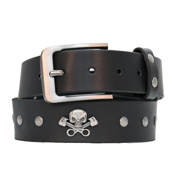 Milwaukee Leather Men's Black Skull & Pistons Genuine Leather Belt w/ Interchangeable Buckle - MP7141