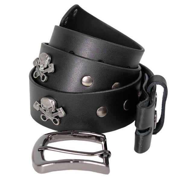 Milwaukee Leather Men's Black Skull & Pistons Genuine Leather Belt w/ Interchangeable Buckle - MP7141