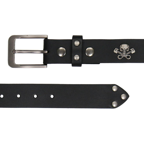 Milwaukee Leather Men's Black Skull & Pistons Genuine Leather Belt w/ Interchangeable Buckle - MP7141