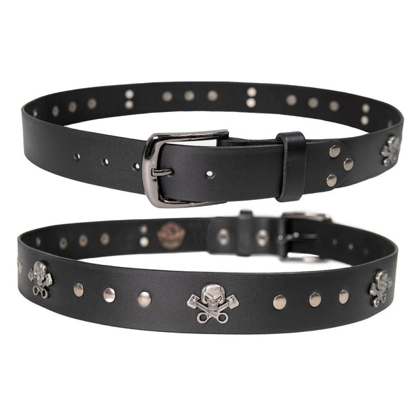 Milwaukee Leather Men's Black Skull & Pistons Genuine Leather Belt w/ Interchangeable Buckle - MP7141