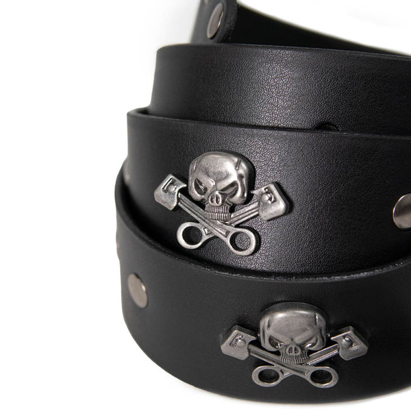 Milwaukee Leather Men's Black Skull & Pistons Genuine Leather Belt w/ Interchangeable Buckle - MP7141