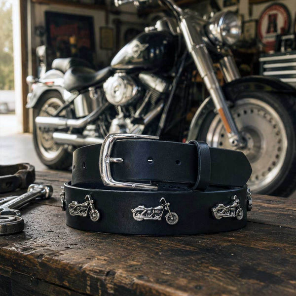 Milwaukee Leather Men's Black Motorcycle Emblem Leather Belt with Interchangeable Buckle - MP7143