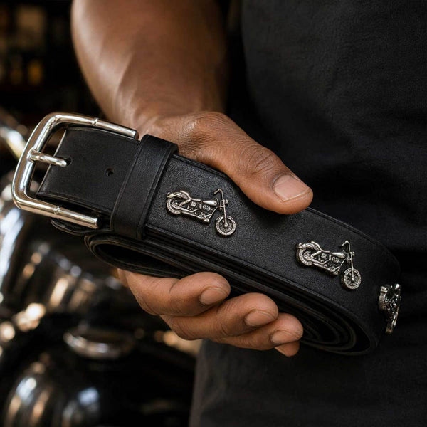 Milwaukee Leather Men's Black Motorcycle Emblem Leather Belt with Interchangeable Buckle - MP7143