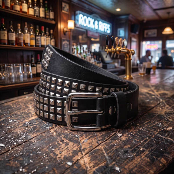 Milwaukee Leather Men's Black Triple-Row Studded Genuine Leather Belt - w/ Interchangeable Buckle - MP7144