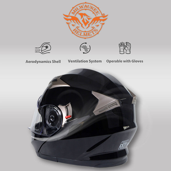 Milwaukee Helmets MPH9806DOT Ionized Gloss Black Advanced Motorcycle Modular Helmet Biker w/ Drop Down Visor