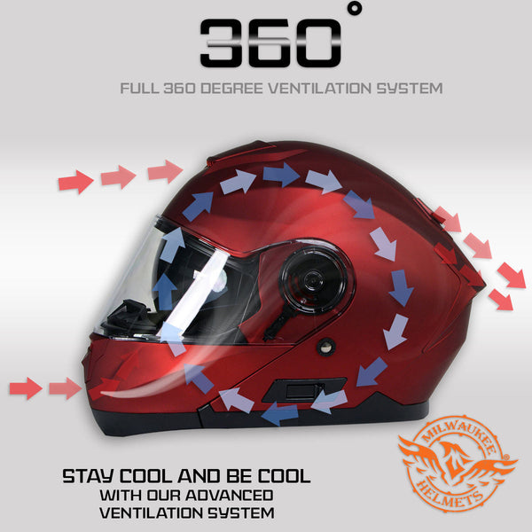 Milwaukee Helmets MPH9817DOT Breeze Red Advanced Motorcycle Modular Helmet Biker w/ Drop Down Visor