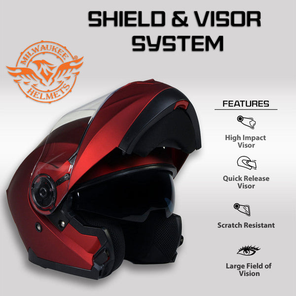Milwaukee Helmets MPH9817DOT Breeze Red Advanced Motorcycle Modular Helmet Biker w/ Drop Down Visor