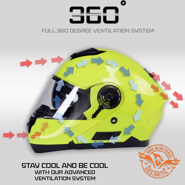 Milwaukee Helmets MPH9819DOT Breeze Green Advanced Motorcycle Modular Helmet Biker w/ Drop Down Visor