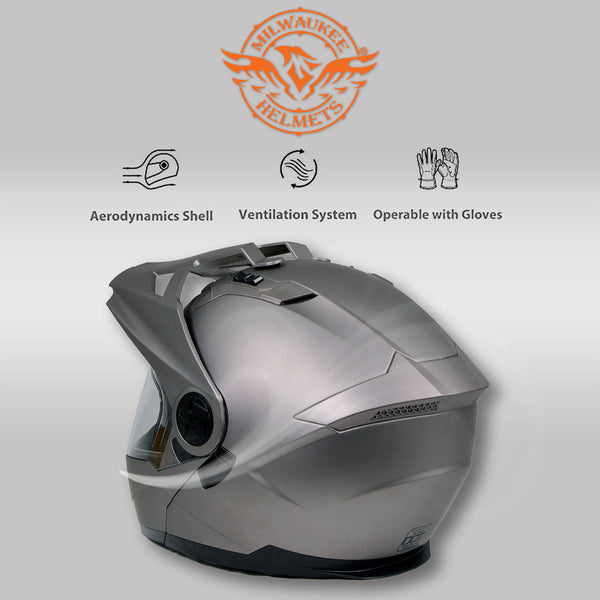 Milwaukee Helmets Silver Ominous Dual Sport Advanced Motorcycle Modular Helmet Biker DOT Approved MPH9822DOT