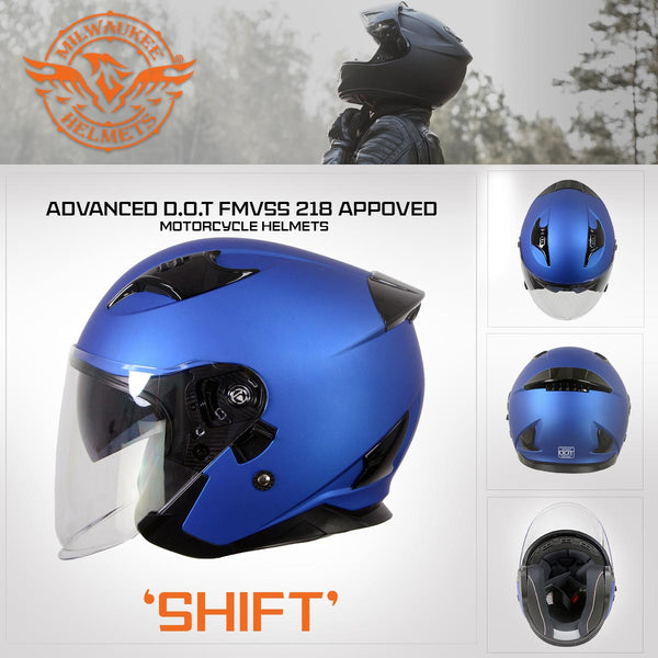 Milwaukee Helmets MPH9825DOT Shift Open Face 3/4 Blue Helmet Biker w/ Drop Down Visor