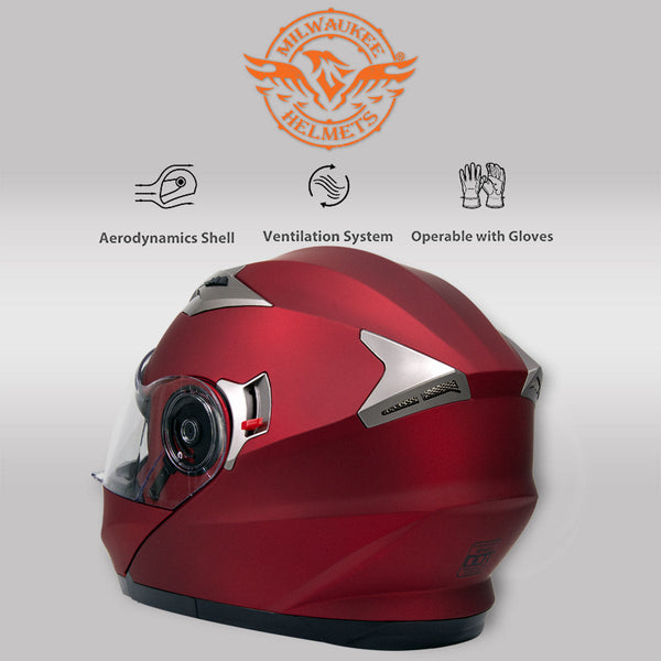 Milwaukee Helmets MPH9826DOT Ionized Flat Red Advanced Motorcycle Modular Helmet w/ Drop Down Visor