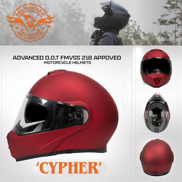 Milwaukee Helmets MPH9827DOT Cypher Flat Red Advanced Motorcycle Modular Helmet w/ Drop Down Visor