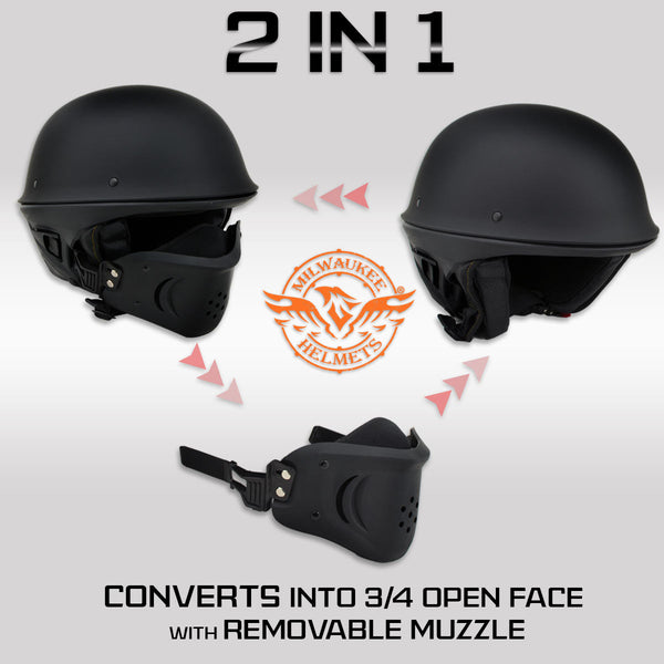 Milwaukee Helmets MPH9831DOT Rascal 3/4 Open Face Gloss Black 2 in 1 Motorcycle Helmet Biker