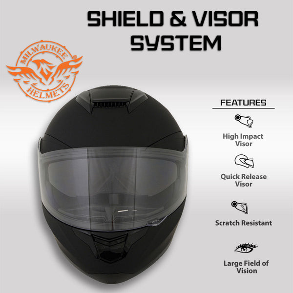 Milwaukee Helmets MPH9835DOT Sweeper Flat Black Advanced Motorcycle Full Face Helmet Biker w/ Drop Down Visor