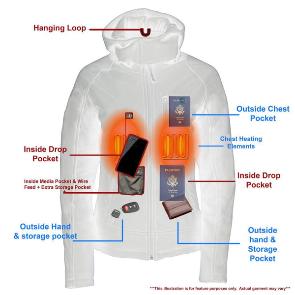 NexGen NXL2767SET Women's 'Ruffled' Black Heated Soft Shell Hooded Jacket (Rechargeable Battery Pack Included)