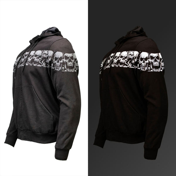 MMCC Men’s Bare Bones Hoodie – Reflective Skull Graphics Front & Back, Full Zip, 100 % Cotton - MPM1681
