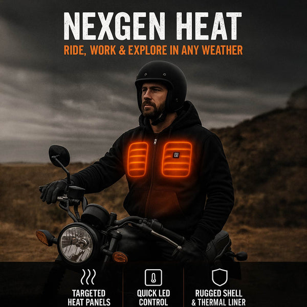 Nexgen Heat Men’s Black Heated Hoodie Jacket – Winter Motorcycle Riding Gear for Cold Outdoors MPM1713SET
