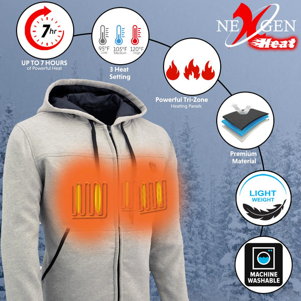 Nexgen Heat MPM1714SET Men's Heated Hoodie Silver Zipper Front Textile Sweatshirt - for Winter Riding Outdoor Activities