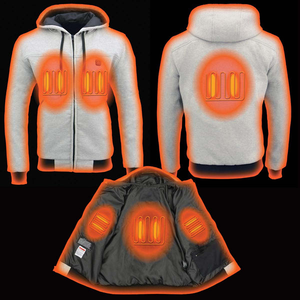Nexgen Heat MPM1714SET Men's Heated Hoodie Silver Zipper Front Textile Sweatshirt - for Winter Riding Outdoor Activities