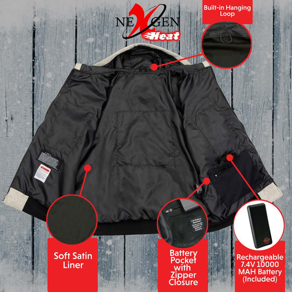 Nexgen Heat MPM1714SET Men's Heated Hoodie Silver Zipper Front Textile Sweatshirt - for Winter Riding Outdoor Activities