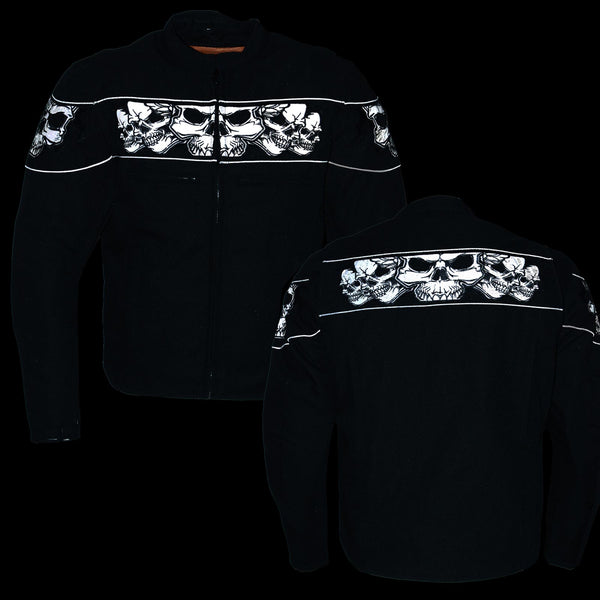 Milwaukee Leather MPM1730 Men's Black Padded Textile All Season Motorcycle Jacket w/ Reflective Skulls Artwork