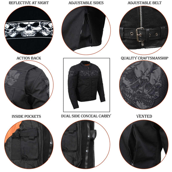 Milwaukee Leather MPM1730 Men's Black Padded Textile All Season Motorcycle Jacket w/ Reflective Skulls Artwork