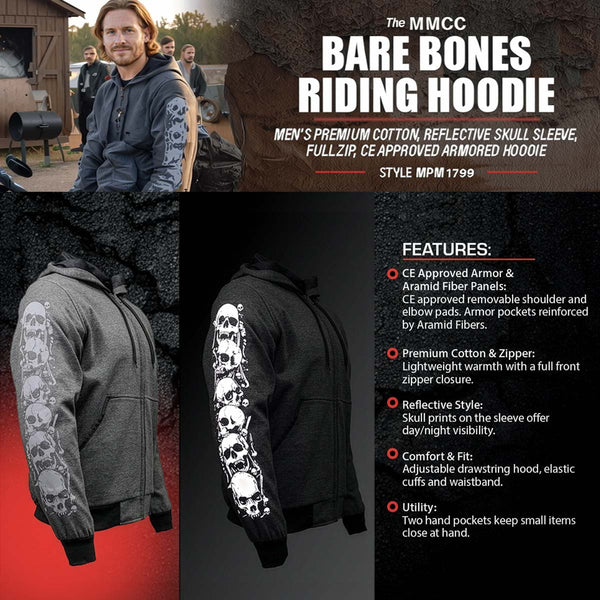 Milwaukee Leather Men's Bare Bones Charcoal Reflective Skull CE Armored Riding Hoodie, Shoulder & Elbow Armor - MPM1799