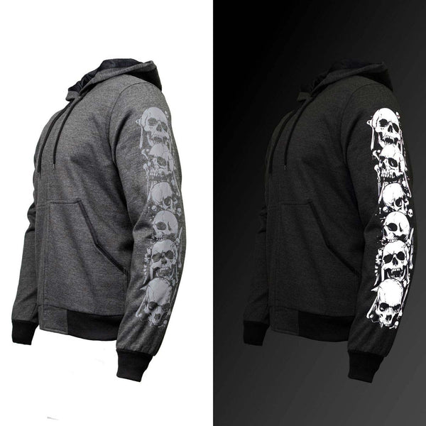 Milwaukee Leather Men's Bare Bones Charcoal Reflective Skull CE Armored Riding Hoodie, Shoulder & Elbow Armor - MPM1799