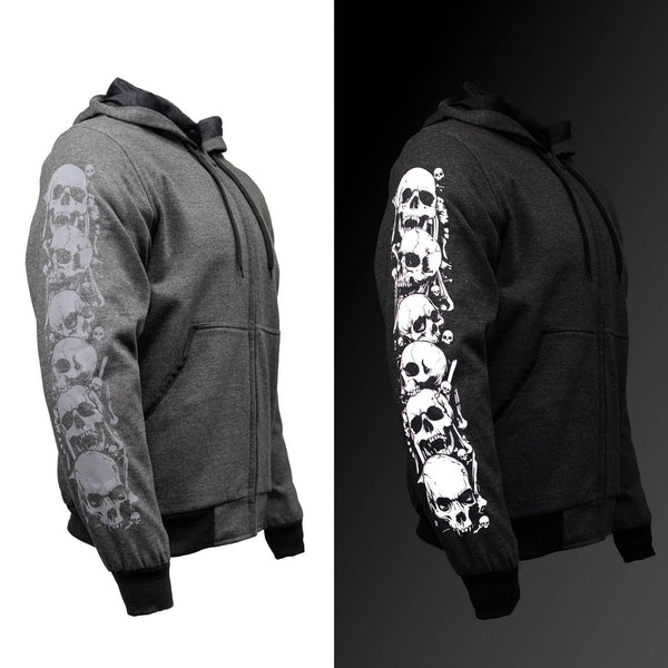 Milwaukee Leather Men's Bare Bones Charcoal Reflective Skull CE Armored Riding Hoodie, Shoulder & Elbow Armor - MPM1799