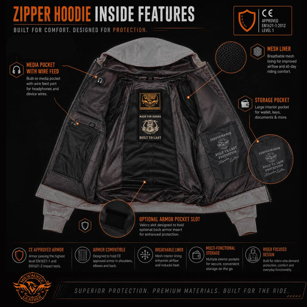 Milwaukee Leather Men's Silver Streetguard Riding Hoodie - Aramid Reinforced with CE Shoulder and Elbow Armor - MPM1788