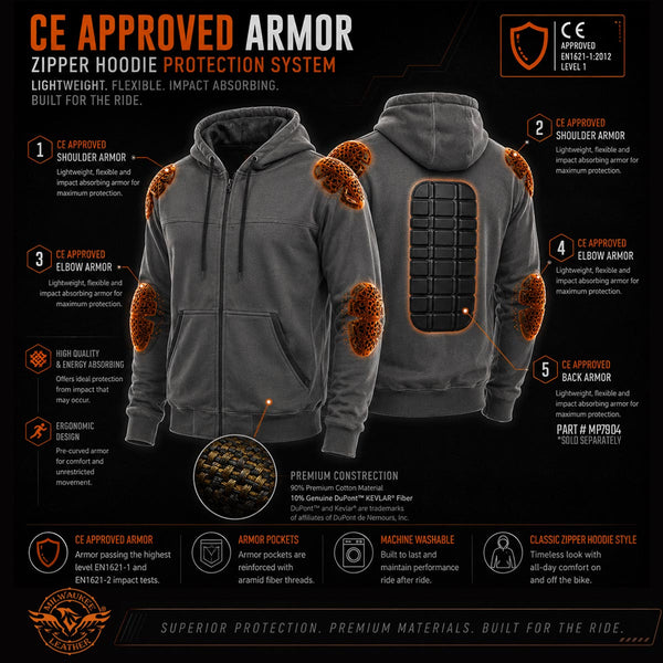 Milwaukee Leather Men's Black Streetguard Riding Hoodie - Aramid Reinforced with CE Shoulder and Elbow Armor - MPM1788