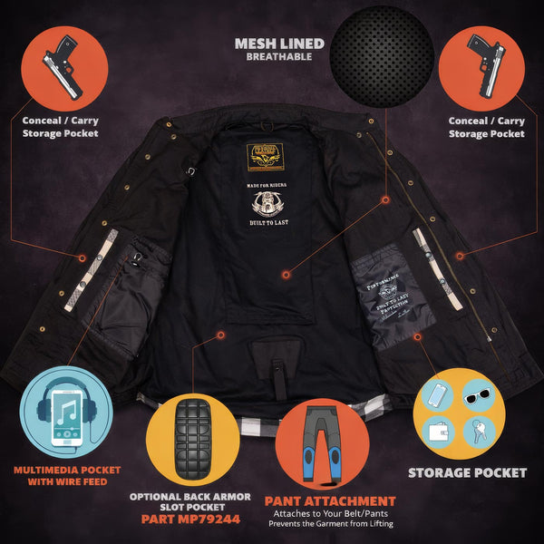 Milwaukee Leather Men’s Splitline Phantom 2-Tone CE Armored Protective Flannel - Kevlar® Reinforced - MPM1670