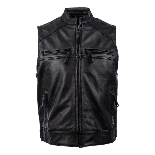 MMCC Men's Ducktail Black Leather Motorcycle Vest - MV3520
