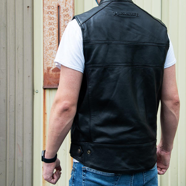 MMCC Men's Ducktail Black Leather Motorcycle Vest - MV3520