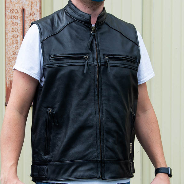 MMCC Men's Ducktail Black Leather Motorcycle Vest - MV3520