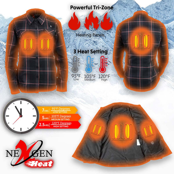 Nexgen Heat Nxl2602set Women's 'Bonnie' Black Grey Red Heated Flannel Long Sleeve Shirt (Rechargeable Battery Pack Included)