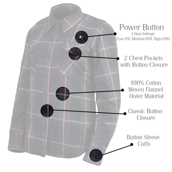Nexgen Heat Nxl2602set Women's 'Bonnie' Black Grey Red Heated Flannel Long Sleeve Shirt (Rechargeable Battery Pack Included)