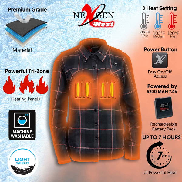 Nexgen Heat Nxl2602set Women's 'Bonnie' Black Grey Red Heated Flannel Long Sleeve Shirt (Rechargeable Battery Pack Included)