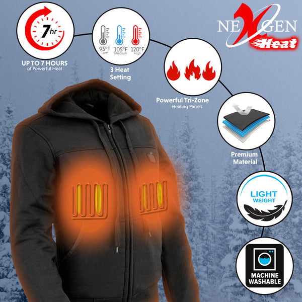 NexGen Heat Women’s Black Heated Hoodie Jacket, – Front Zipper Insulated Thermal Wear
