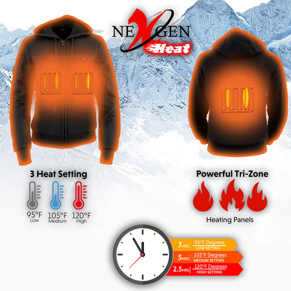 NexGen Heat Women’s Black Heated Hoodie Jacket, – Front Zipper Insulated Thermal Wear