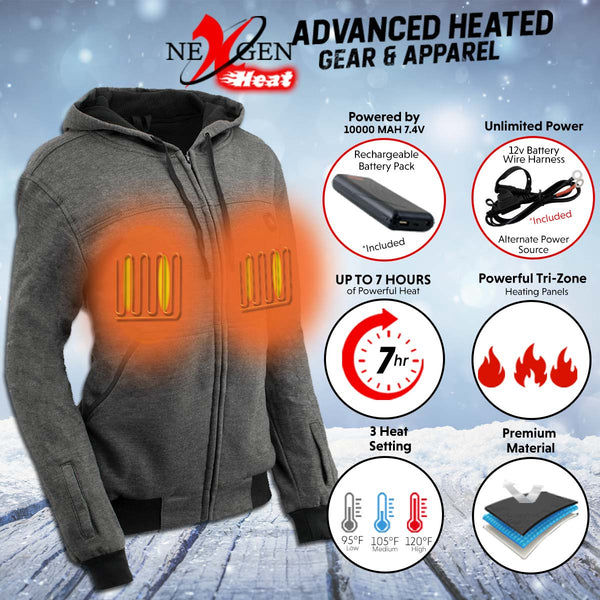 Nexgen Heat NXLL2717DUAL Women's Grey Heated Hoodie w/ Dual Power Technology - Jacket for Winter w/ Battery Pack