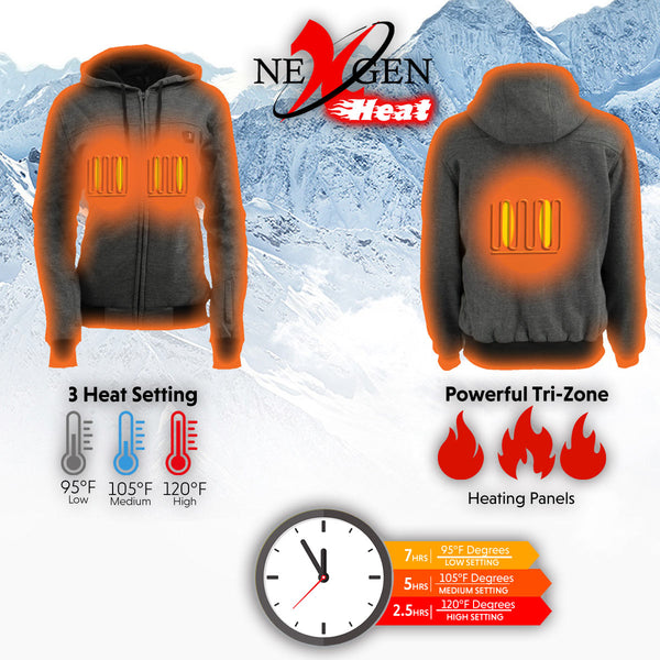 Nexgen Heat MPM1717DUAL Men's Grey Heated Hoodie w/ Dual Power Technology - Biker Jacket for Winter w/Battery Pack
