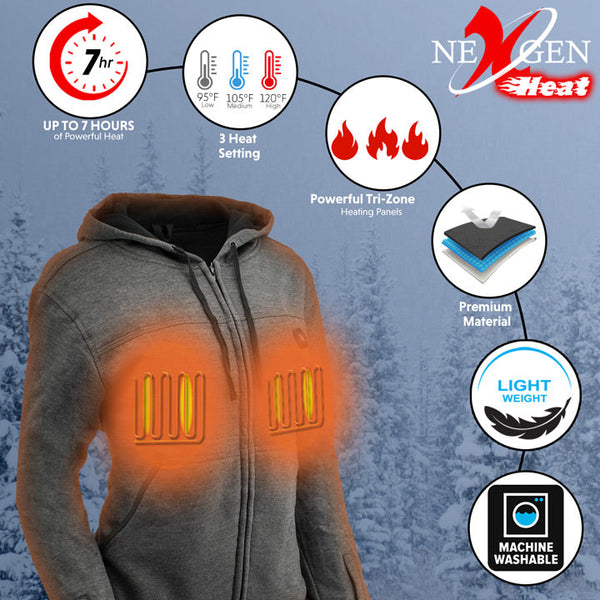 Nexgen Heat MPL2717DUAL Women's Grey Heated Hoodie w/ Dual Power Technology - Jacket for Winter w/ Battery Pack