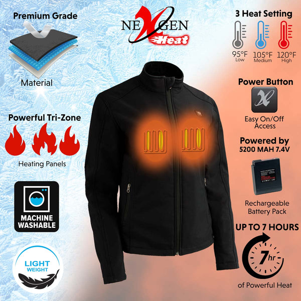 Nexgen Heat NXL2760SET Women's ‘Storm’ Black Soft Shell Zipper Front Heated Jacket (Included 10000mAh Battery Pack)
