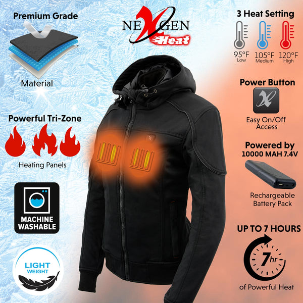 Nexgen Heat MPL2761SET Women's Black Soft Shell Racing Style Heated Jacket Powered by Rechargeable 10000mAh Battery Included