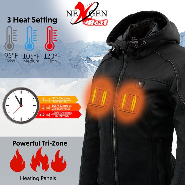 Nexgen Heat MPL2761SET Women's Black Soft Shell Racing Style Heated Jacket Powered by Rechargeable 10000mAh Battery Included