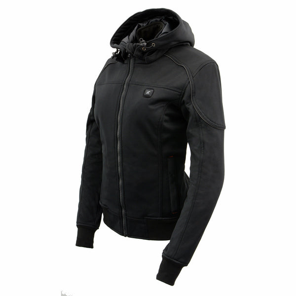 Nexgen Heat MPL2761SET Women's Black Soft Shell Racing Style Heated Jacket Powered by Rechargeable 10000mAh Battery Included